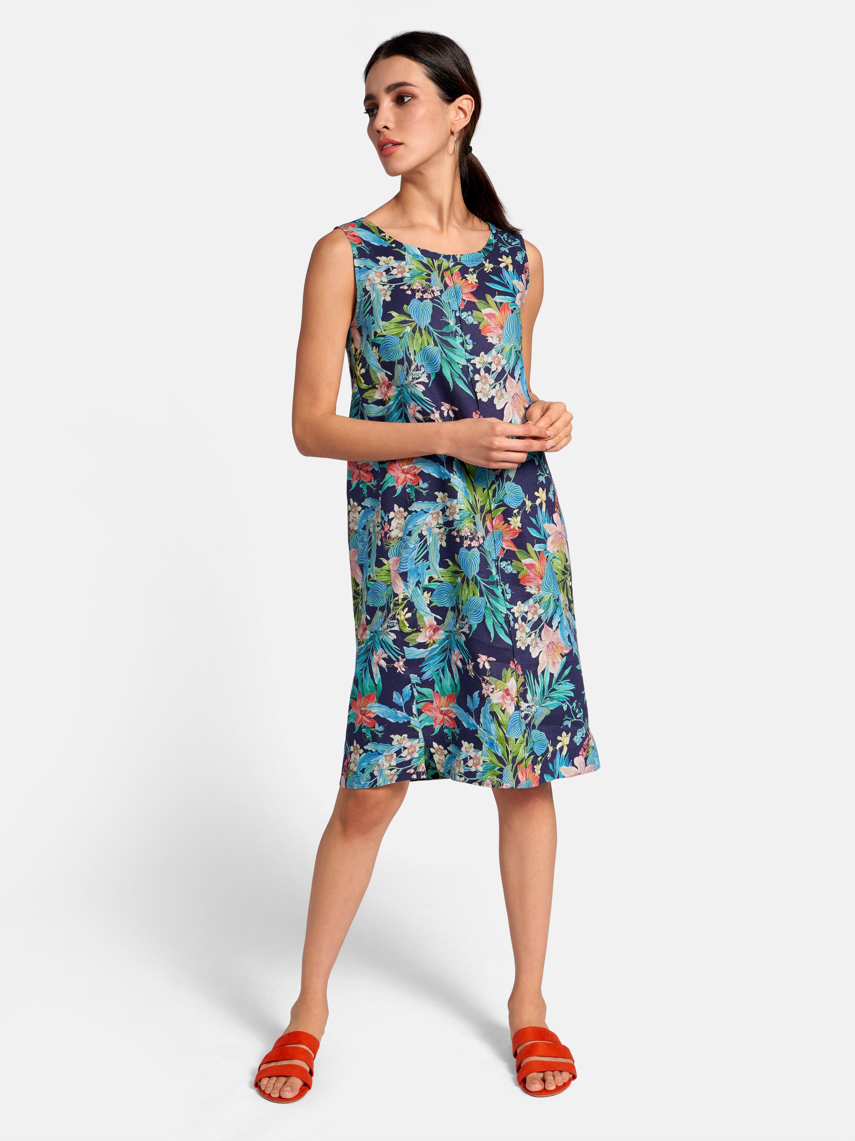Peter Hahn Linen Dress In Loose A Line Shape Navy Multi Coloured 
