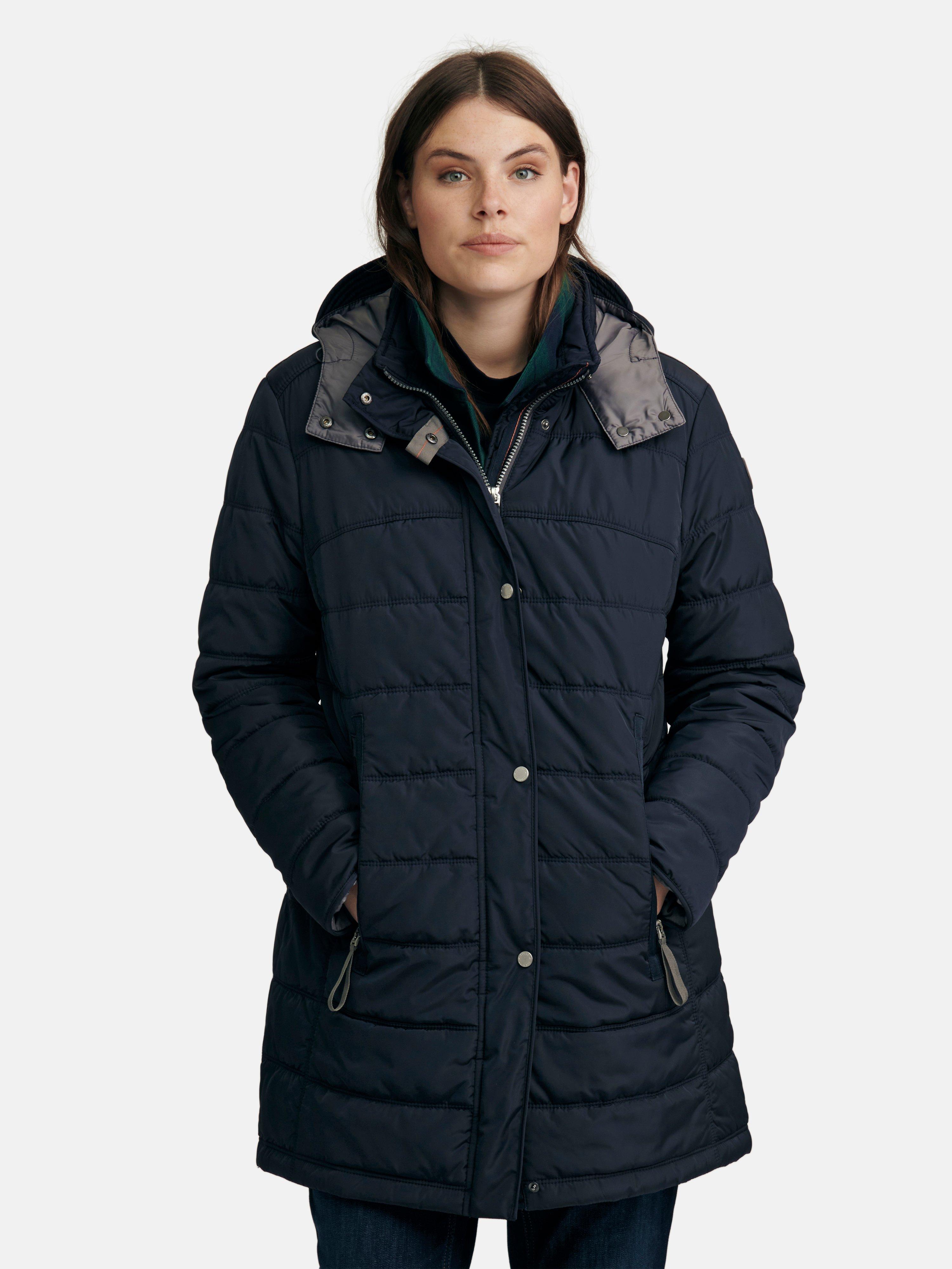 Long quilted jacket with removable hood