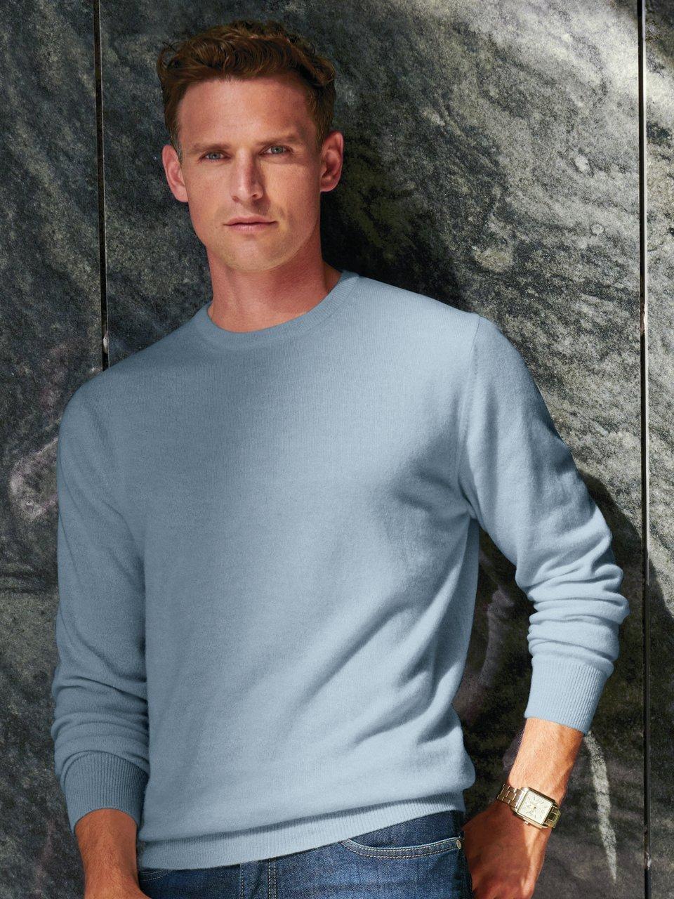 Trui ronde hals en boorden in ribsteek Van Peter Hahn Cashmere blauw