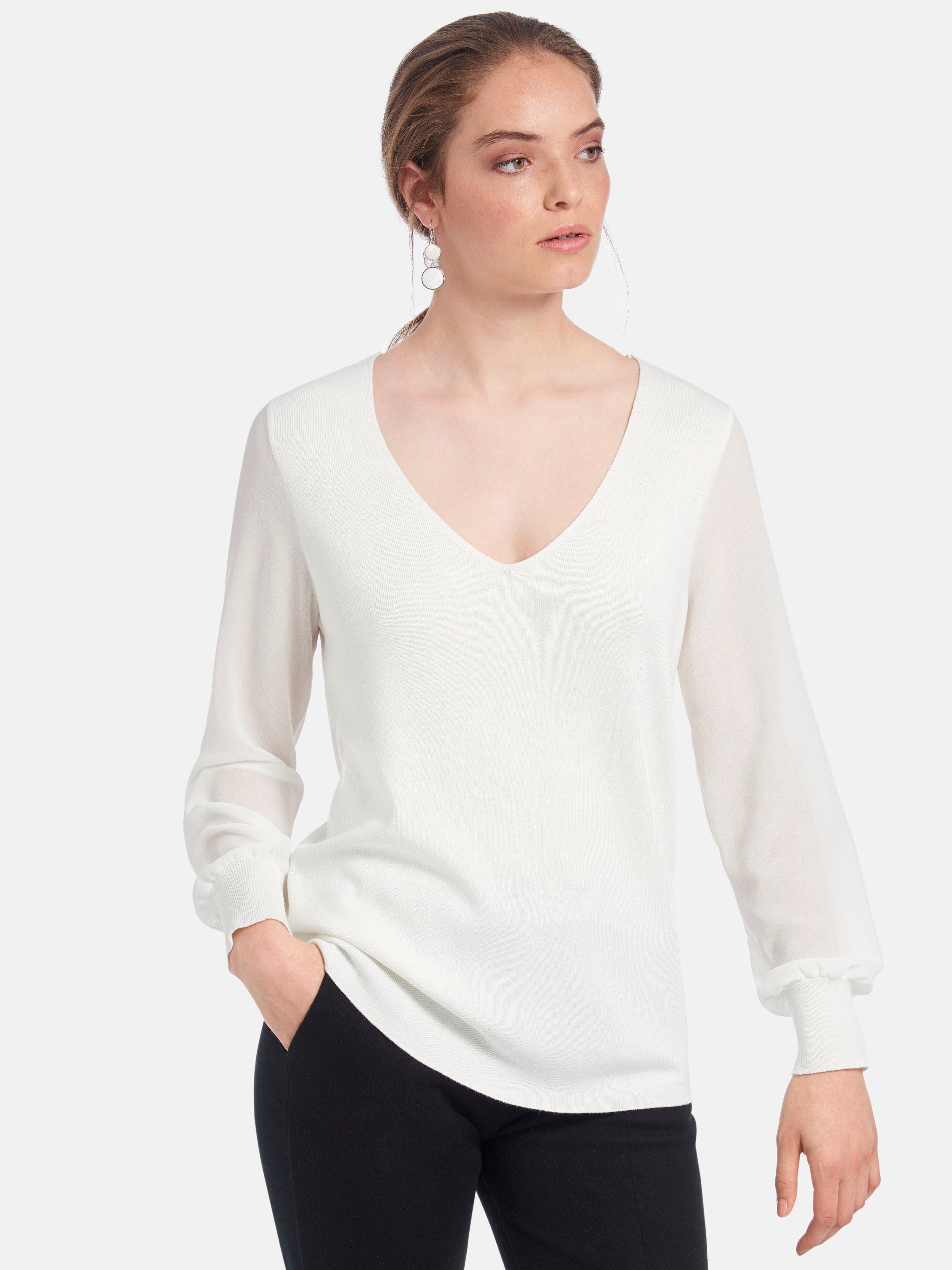 mayfair by Peter Hahn - V-neck jumper with semi-sheer sleeves - off-white