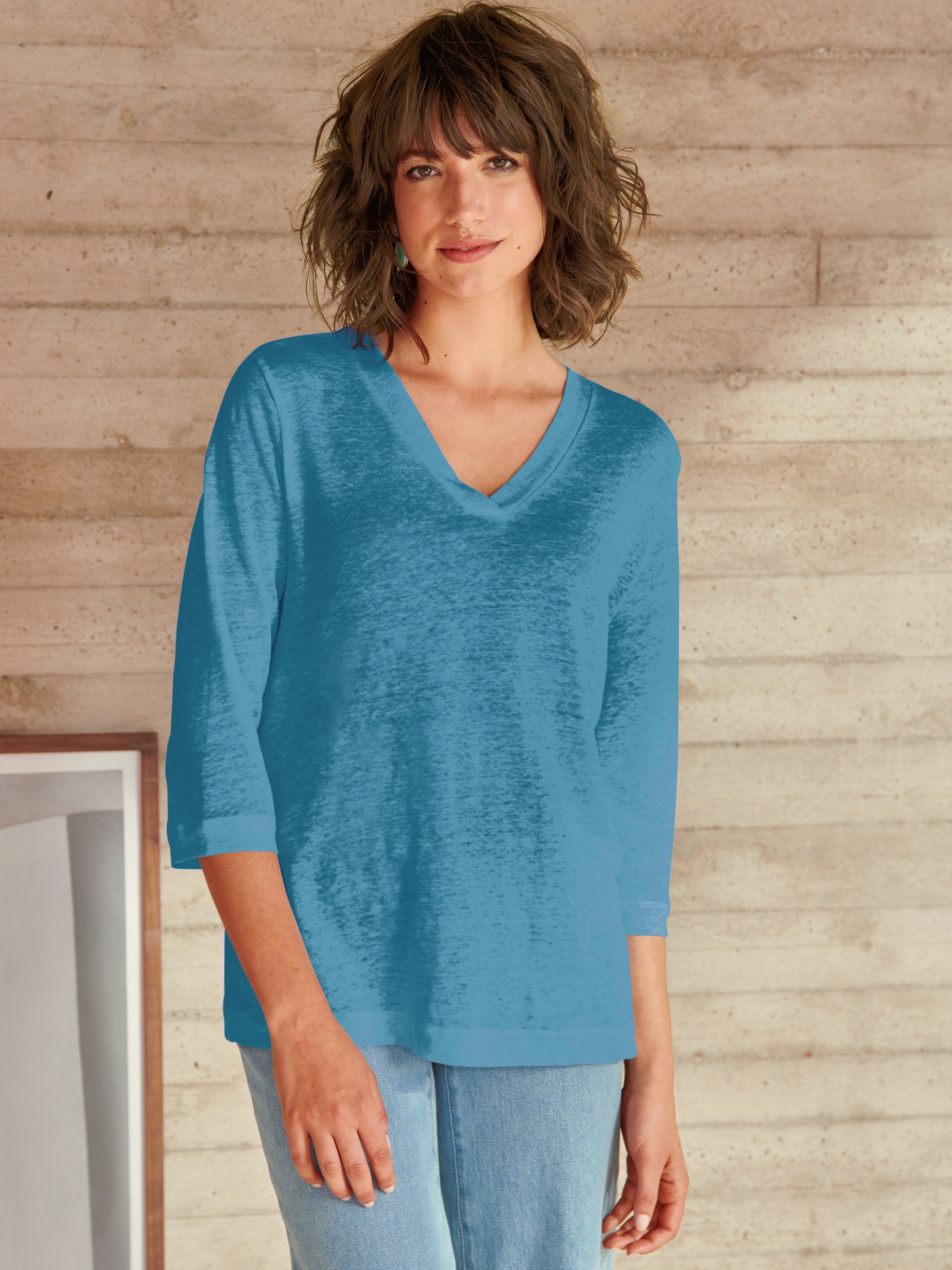 Shirt 100% linnen V-hals Van PETER HAHN PURE EDITION turquoise